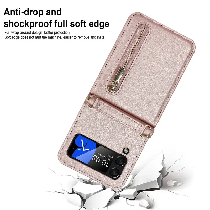 For Funda Samsung Galaxy Z Flip 6 5 4 3 Case Luxury Card Slot Phone Holder Zipper Wallet Crossbody Cover Folding Case Coque_voghion.com