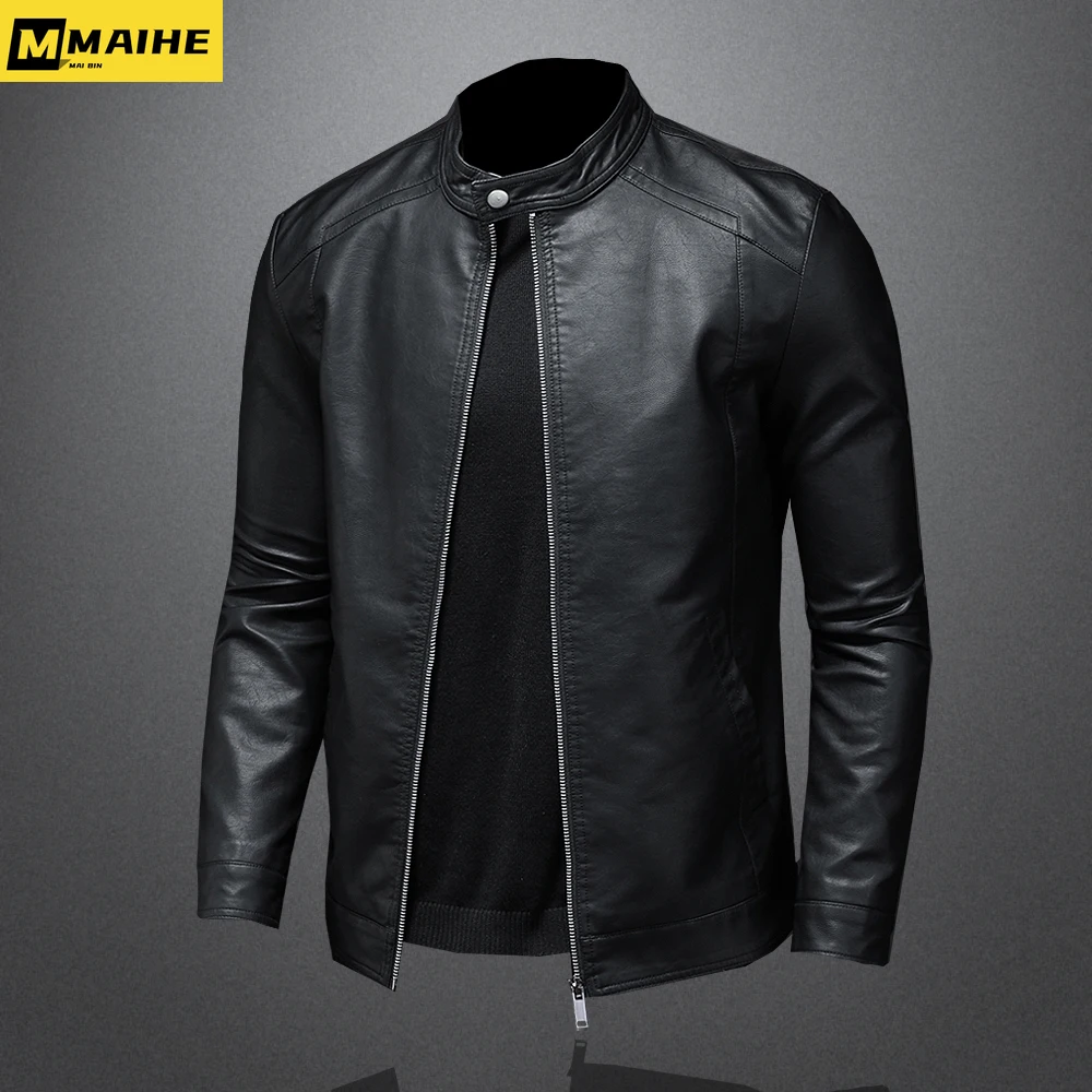 New Men Leather Jacket Classic Slim Fit Motorcycle PU Leather Jacket Solid Color Standing Collar Men Large Black Leather Jacket