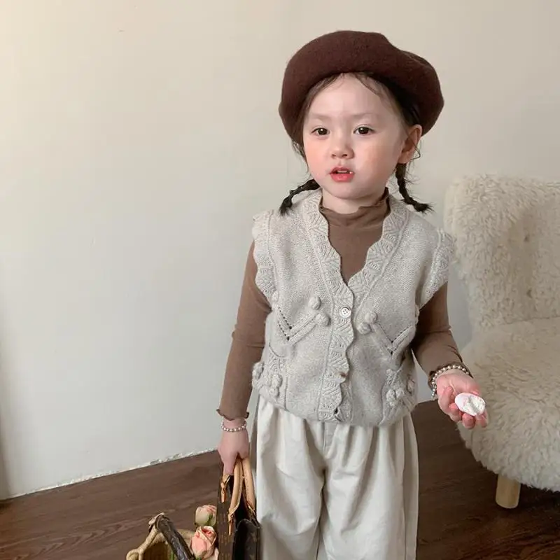 

Autumn New Children Sleeveless Knitted Vest Baby Girl Solid Sweater Coat Toddler Casual Cardigan Jacket Tops Kids Clothes