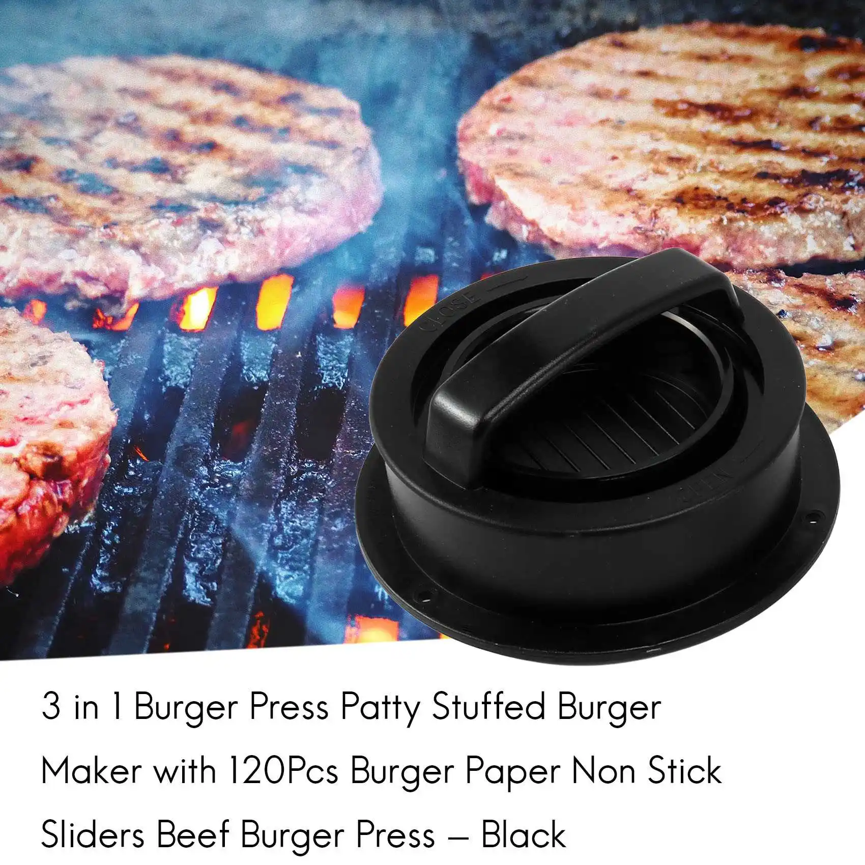 3 in 1 Burger Press Patty Stuffed Burger Maker with 120Pcs Paper Non Stick Sliders Beef Press-Black