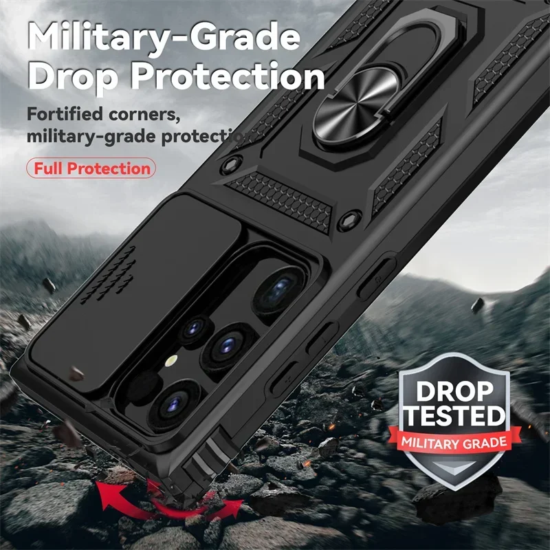 Rugged Shockproof Lens Protect Phone Case with Ring Holder Attachment