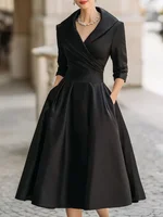 Fashionable commuting lapel cross pleated waist A-shaped dress for women - Image 6