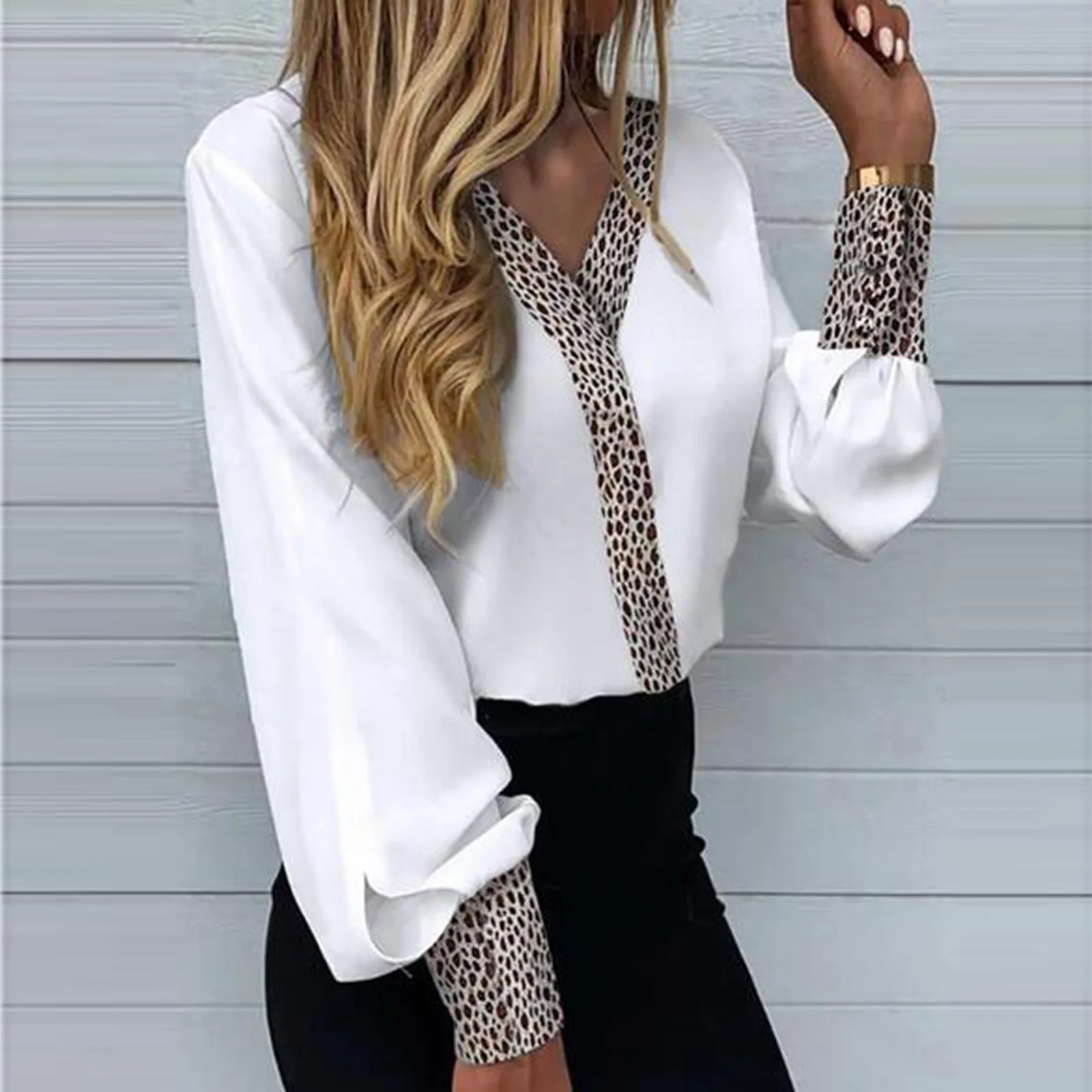2022 Office Ladies Elegant V-Neck Leopard Printed Shirts Summer Hot Top Contrast Color Blouse Summer Highstreet Fancy Blusa