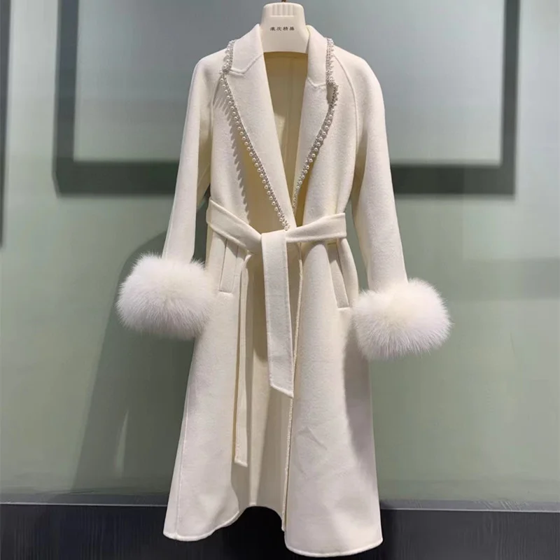 

European famous 2022 Turn-down Collar pearls beaded Mid-Length woollen coats Outwear with real fox fur cuff