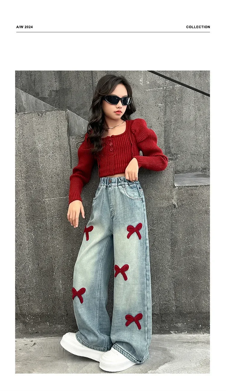 الفتيات فضفاضة واسعة الساق الجينز السراويل الناعمة الأطفال Bowknot التطريز مستقيم الدنيم السراويل ربيع الخريف الملابس 5-12 سنة