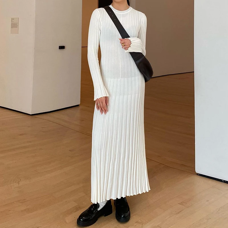 90s Vintage Tie Waist Dress Women Elegant Ribbed  Full Sleeve Maxi Dress Crew Neck Bodycon Pencil Long Dress Streetwear 2024 6