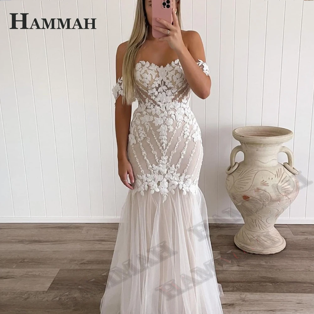 

HAMMAH Off The Shoulder Mermaid Wedding Dresses For Mariages Princess Sweetheart Tulle Appliques Illusion Robe De Mariée