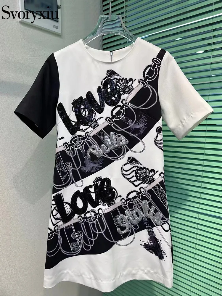 

Svoryxiu High Quality Summer Runway Designer Holiday Casual Mini Dress Women's Short Sleeve Print Sequin Loose Waist Short Dress