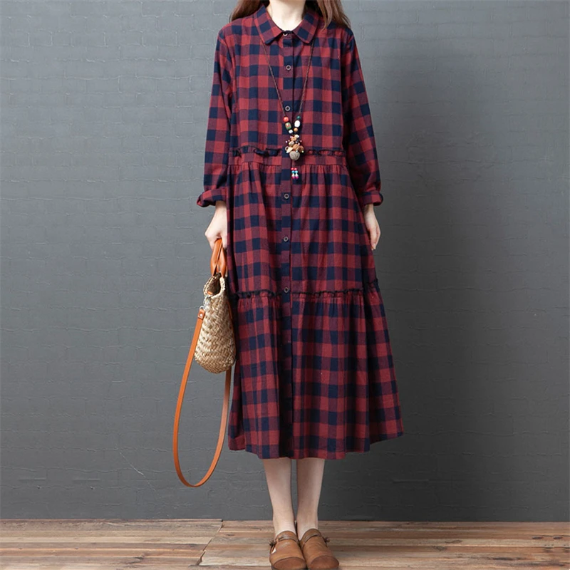 2025 Spring Autumn Cotton Plaid Vintage Dresses For Women Casual Long Korean Style Fashion Elegant Dress Office Lady Clothing