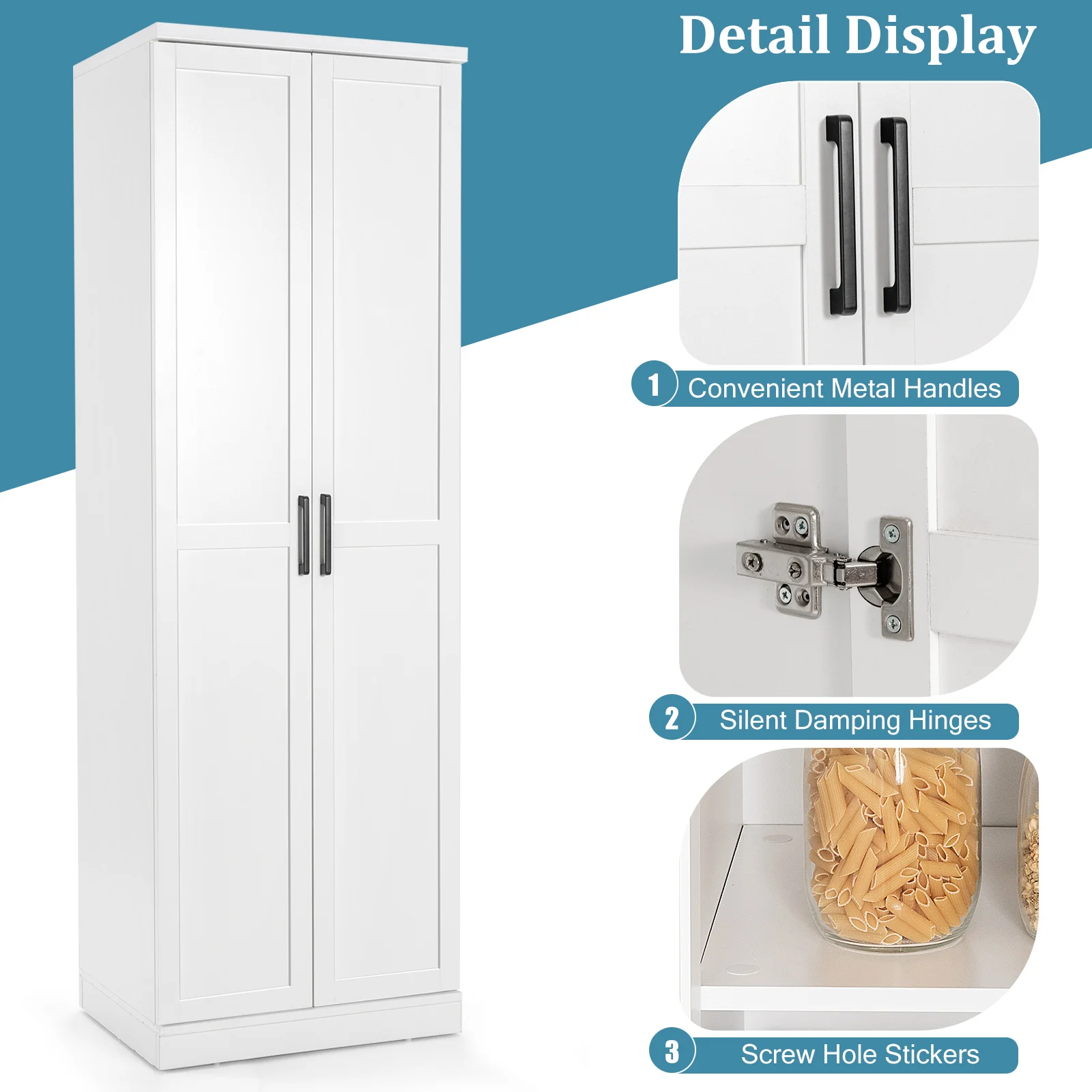 70" Storage Cabinet Freestanding Pantry Cabinet w/2 Doors & 5 Shelves White 6