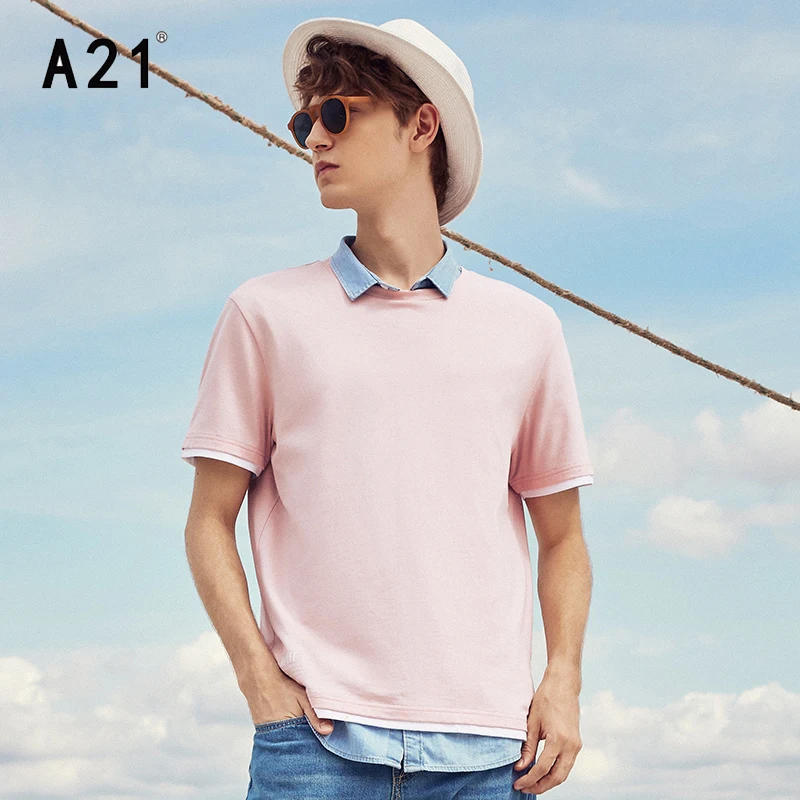 A21 Summer New Men's O-neck Short Sleeve Solid T-shirt 2022 Male Fake Two Pieces Cotton Tops Fashion Casual Couple Shirts |