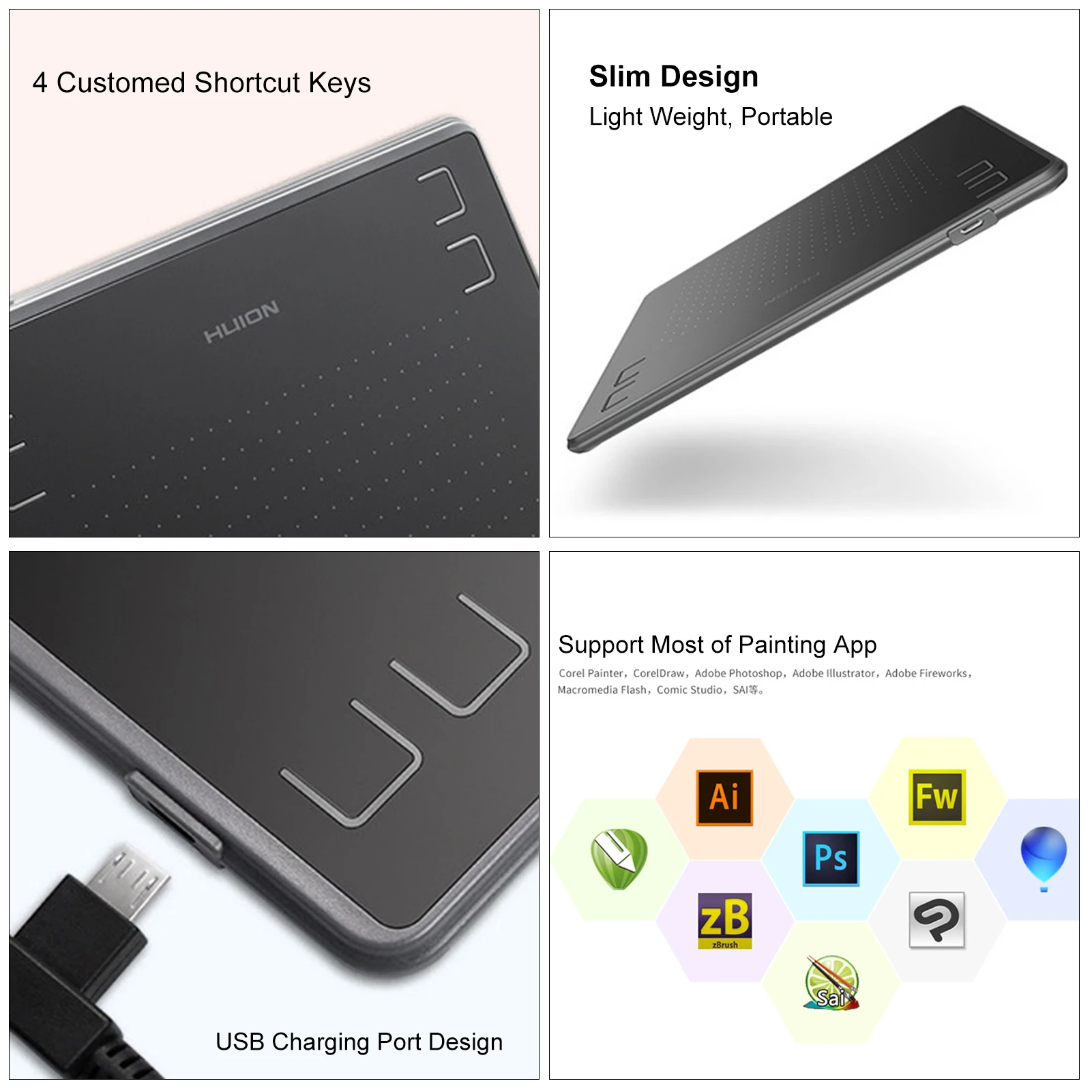 Huion 디지털 T-태블릿 필기 그래픽 드로잉 서명 보드 필기 키트 세트, 디지털 펜 4096 레벨, H430P, 4.8*3 인치