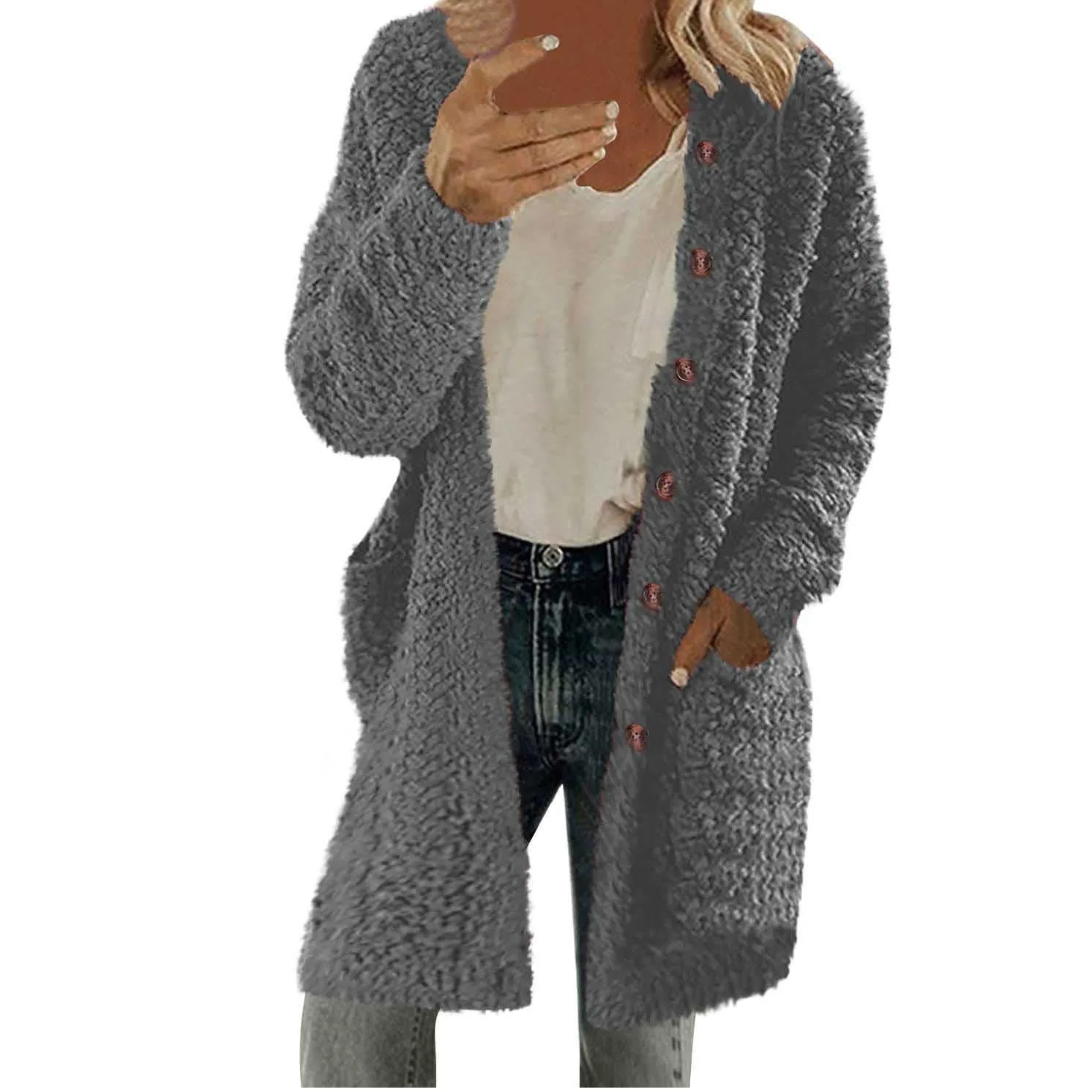 Women Autumn Winter Fleece Long Sleeve Cardigan Coat