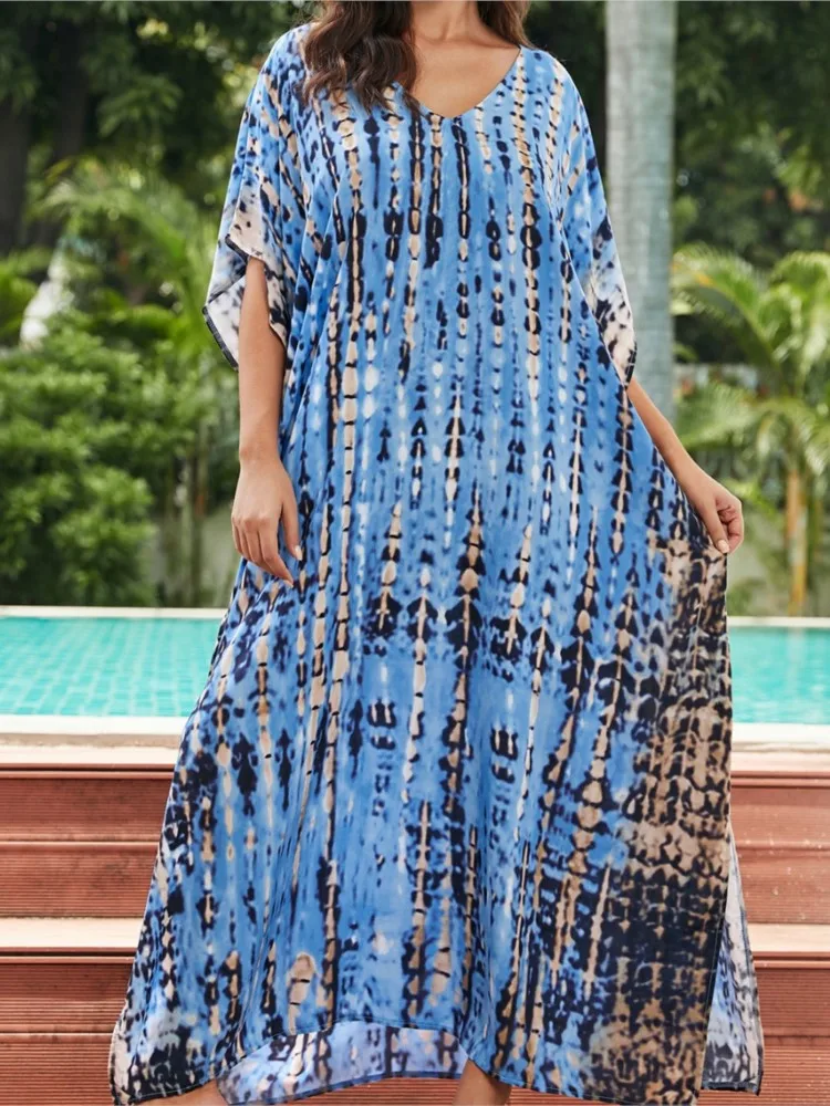 Fashion Casual Striped Print Long Dresses Women Bohemian V-neck Bat Sleeve Loose Slit Beach Dress Summer New Beachwear Vestidos