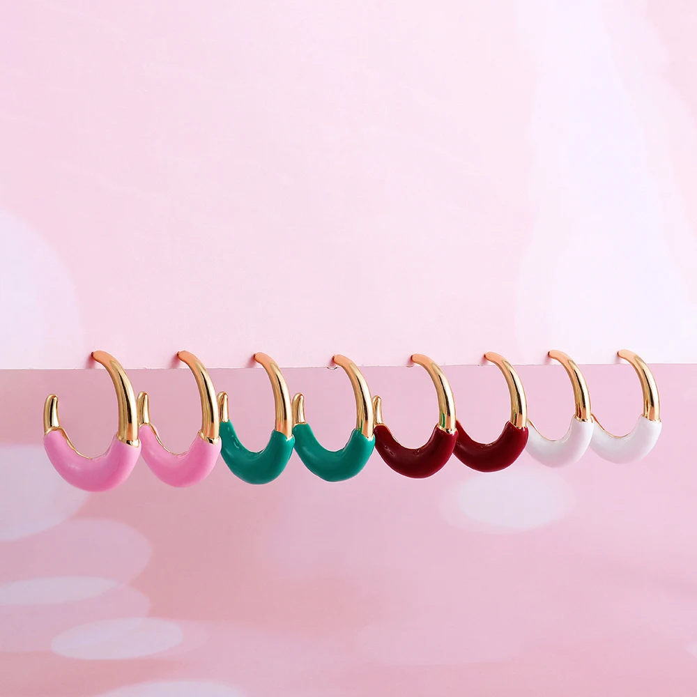 2025 Summer New Pink C Shape Hoop Earrings Drip Oil Multicolor Enamel Simple Open Circle Ear Ring Women Charm Jewelry Wholesale
