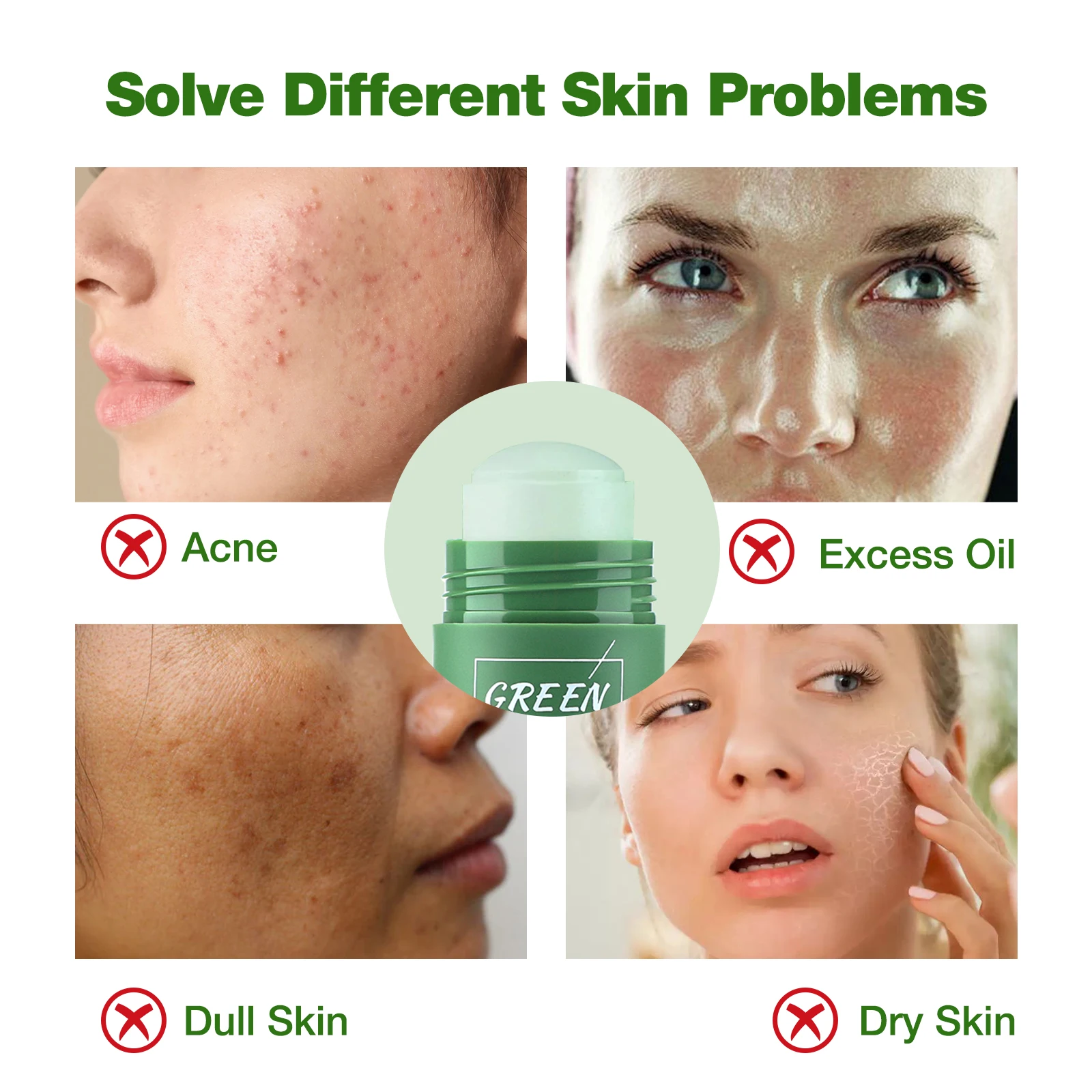 Green Tea Mask Stick Blackhead Remover Clay Face Mask Oil Control Acne Remover Pore Cleansing Purifying Detoxifying Skin Care