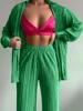 Casual Women's Shirt Pleated Two Piece Set Green Loose High Waist Wide Leg Pants Suit 2022 Elegant Office Ladies Female Outfits 2