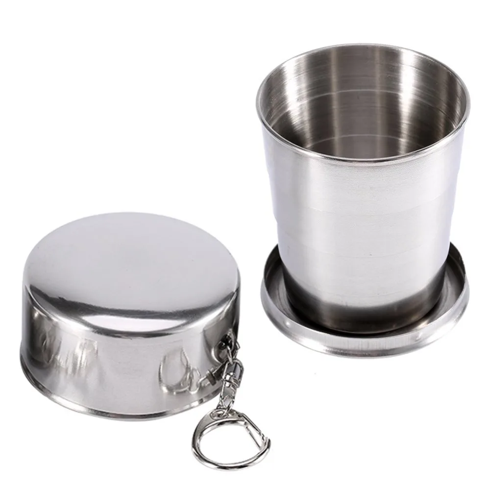 Stainless Steel Folding Cup 250ML Camping Squeeze Cup with Keychain Retractable Outdoor Travel Easy To Carry Metal Water folding cup
