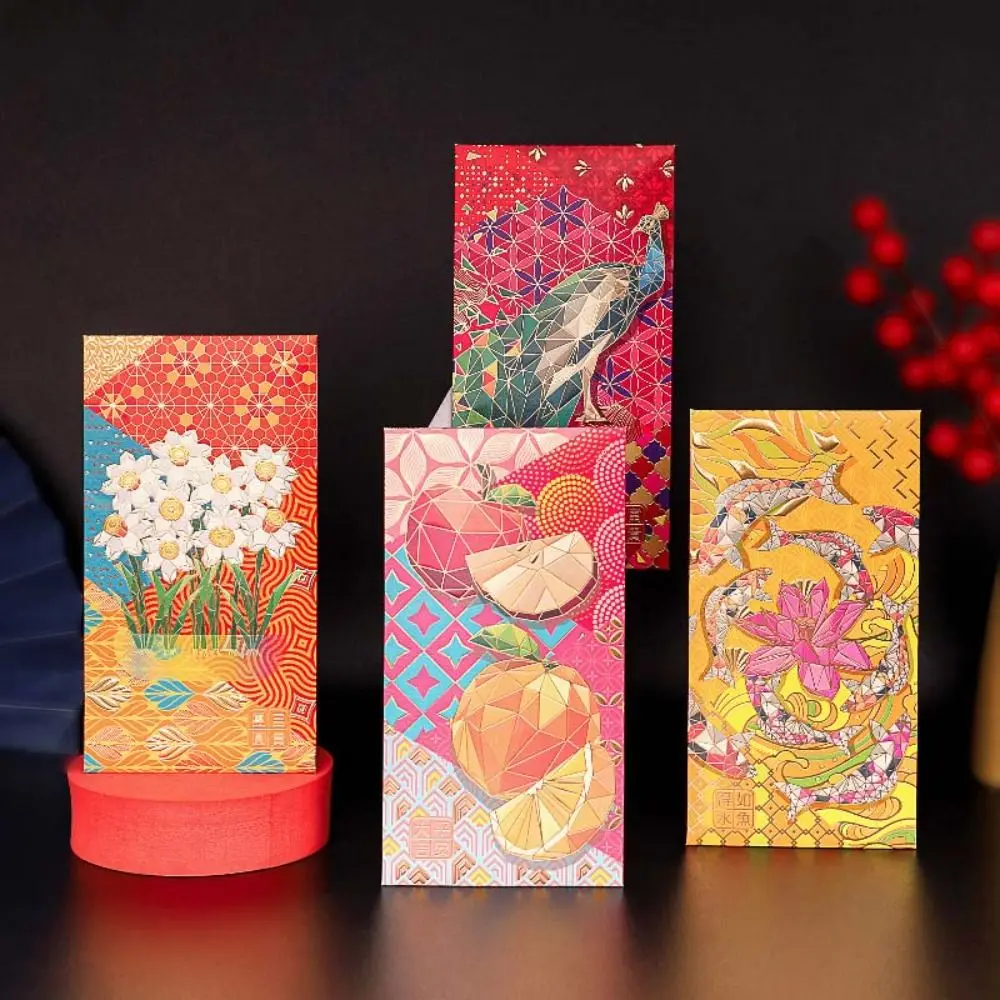 

6Pcs/set New Year Decorations Red Envelope Chinese Dragon Year Greeting Card Luck Money Bag Flower Printed Bronzing Hongbao