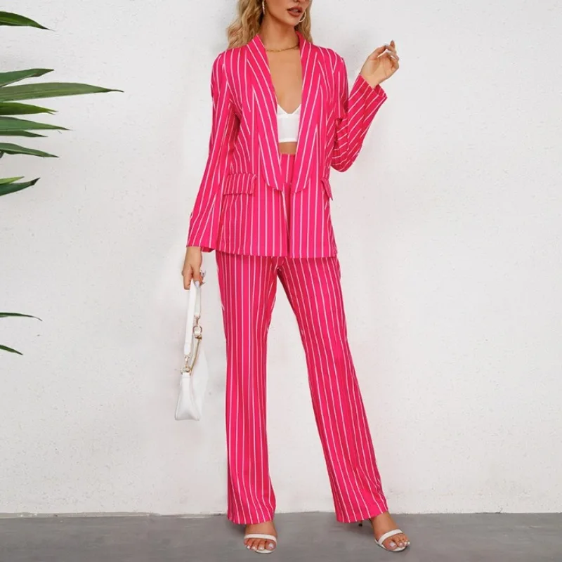 

2023 Autumn and Winter Women's Polo Striped Pockets Zipper Slim Cardigan Fashion Casual Elegant Commuter Long Sleeve Pants Suit