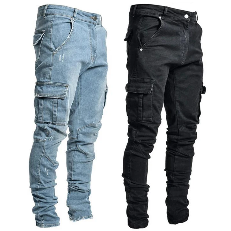 

Skinny JeansMen Black Cargo Pants Multi Pockets Denim Pantalones Blue Slim Fit Overol Hombre Fashion Casual Streetwear Trousers