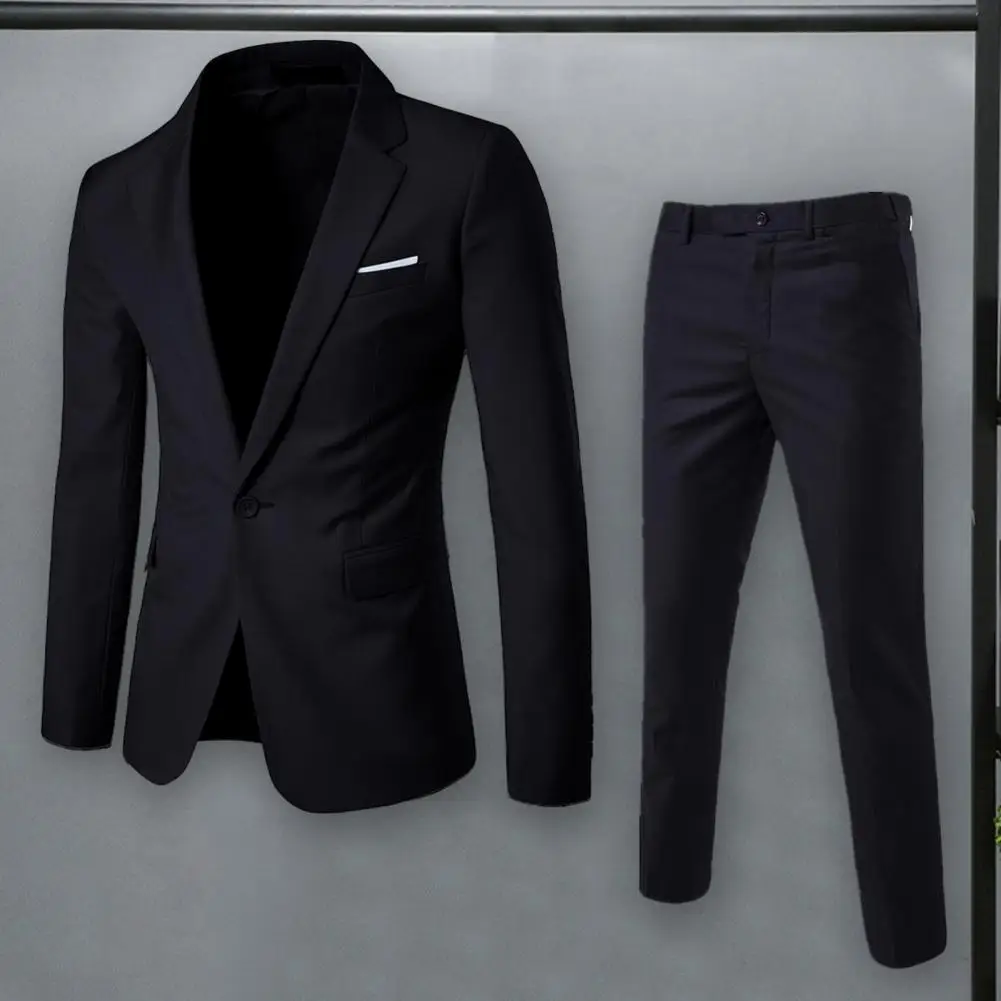 

Men Pants Set Stylish Men's Business Suit Set Lapel Slim Fit Coat Long Pants with Single Button Pockets for Workwear Men Full