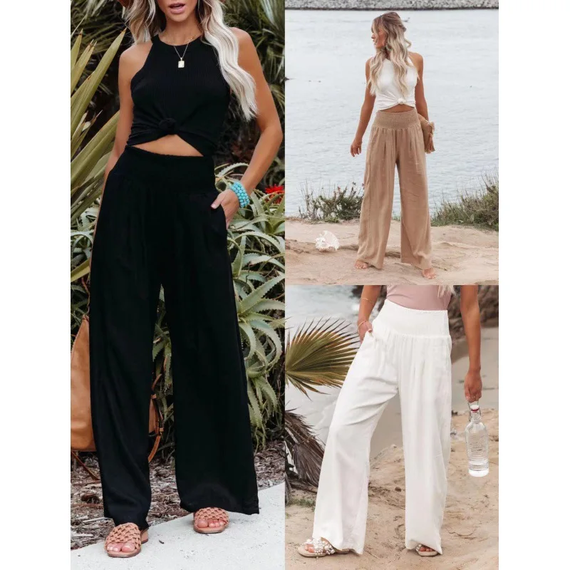 

Spring Summer Women Linen Pants Elastic Waist Casual Sweatpants Ladies Ellegant Wide Leg Straight Soid Color Loose Trousers 2023