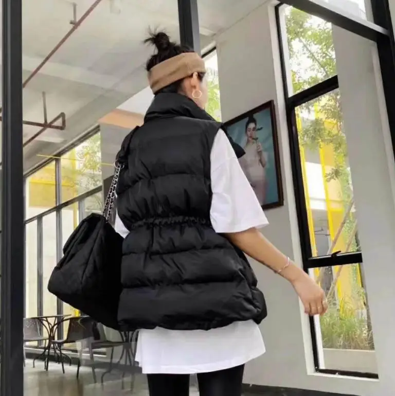 2022 autumn winter new down jacket solid color drawstring waist slimming stand collar sleeveless down vest jacket women
