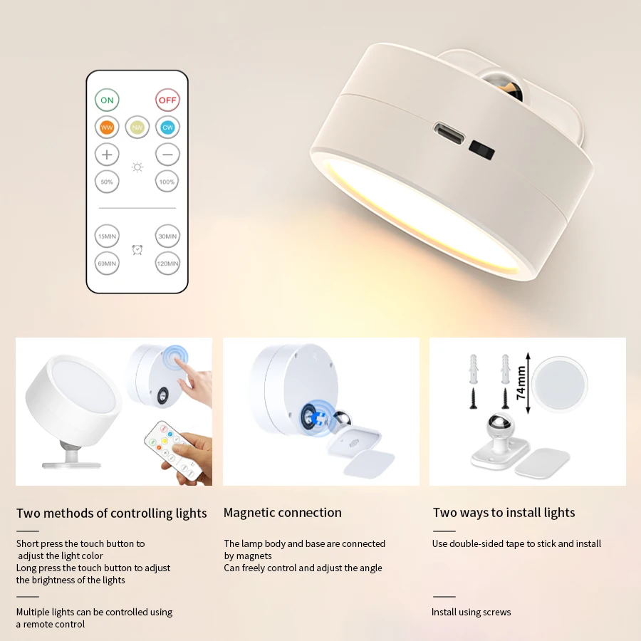 Led Double Head Wall Lamp Touch Control Remote 360 Rotatable USB Recharge Wireless Portable Night Light For Bedroom Reading Lamp - 39