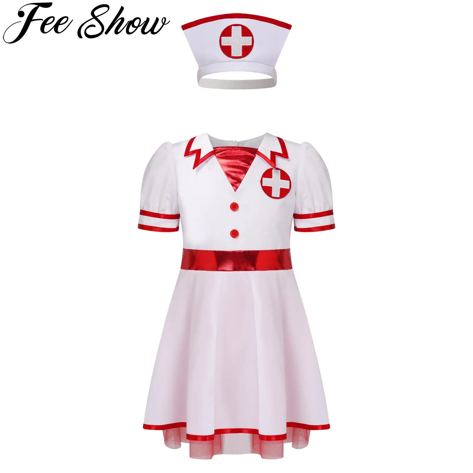 

Kids Girls Nurse Costume Puff Sleeve Cross Patch Colorblock Cosplay Dress with Hat Set for Halloween Role Play Dress Up Clothes
