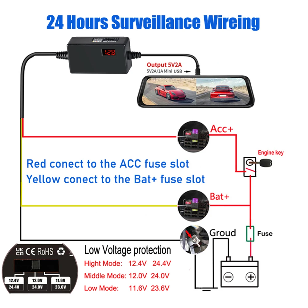 Mini USB Type-C Dash Cam Hardwire Kit with Display and Low Voltage Protection – 24-Hour Parking Monitor Cable
