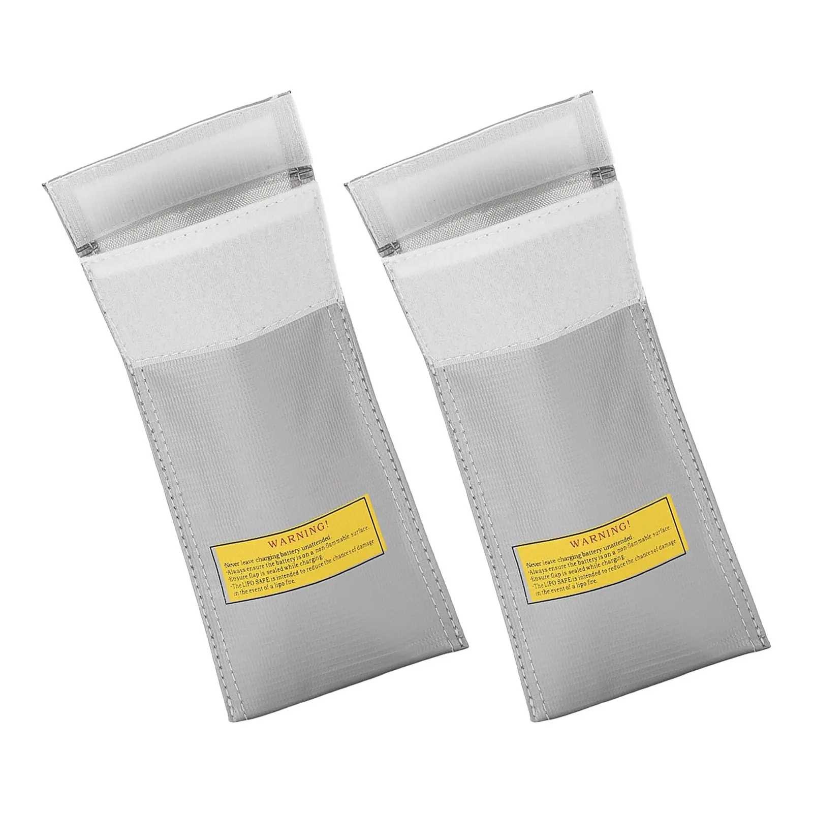 Sac ignifuge pour batterie LiPo avec batterie de drone RC à côté, vue détaillée de la fermeture éclair et des coutures renforcées.