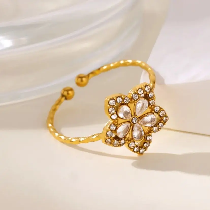 Zircon Flower Rings Women Gold Color Stainless Steel