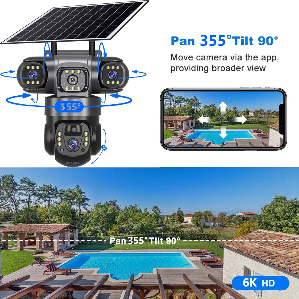 Solar Camera 4G Sim Outdoor 3 Lens 3 Screen 10X Zoom PIR Human Detect Cameras Waterproof Night Vision CCTV Security Protection 4