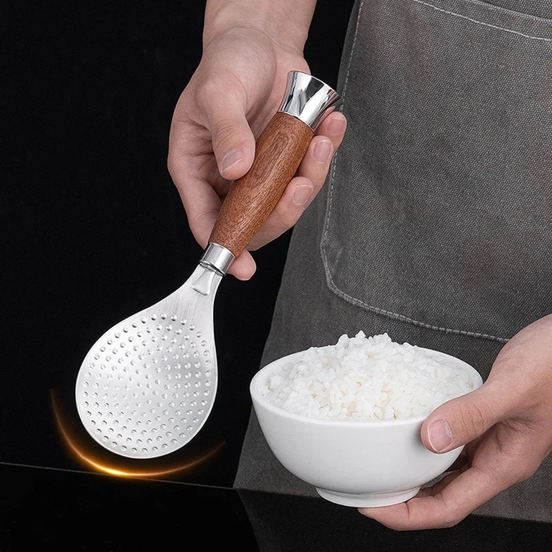 Rice Spoon Stainless Steel Rice Scoop Self Standing Wood Handle Metal Paddle Spatula Cooking Serving Spoon Kitchen Utensils