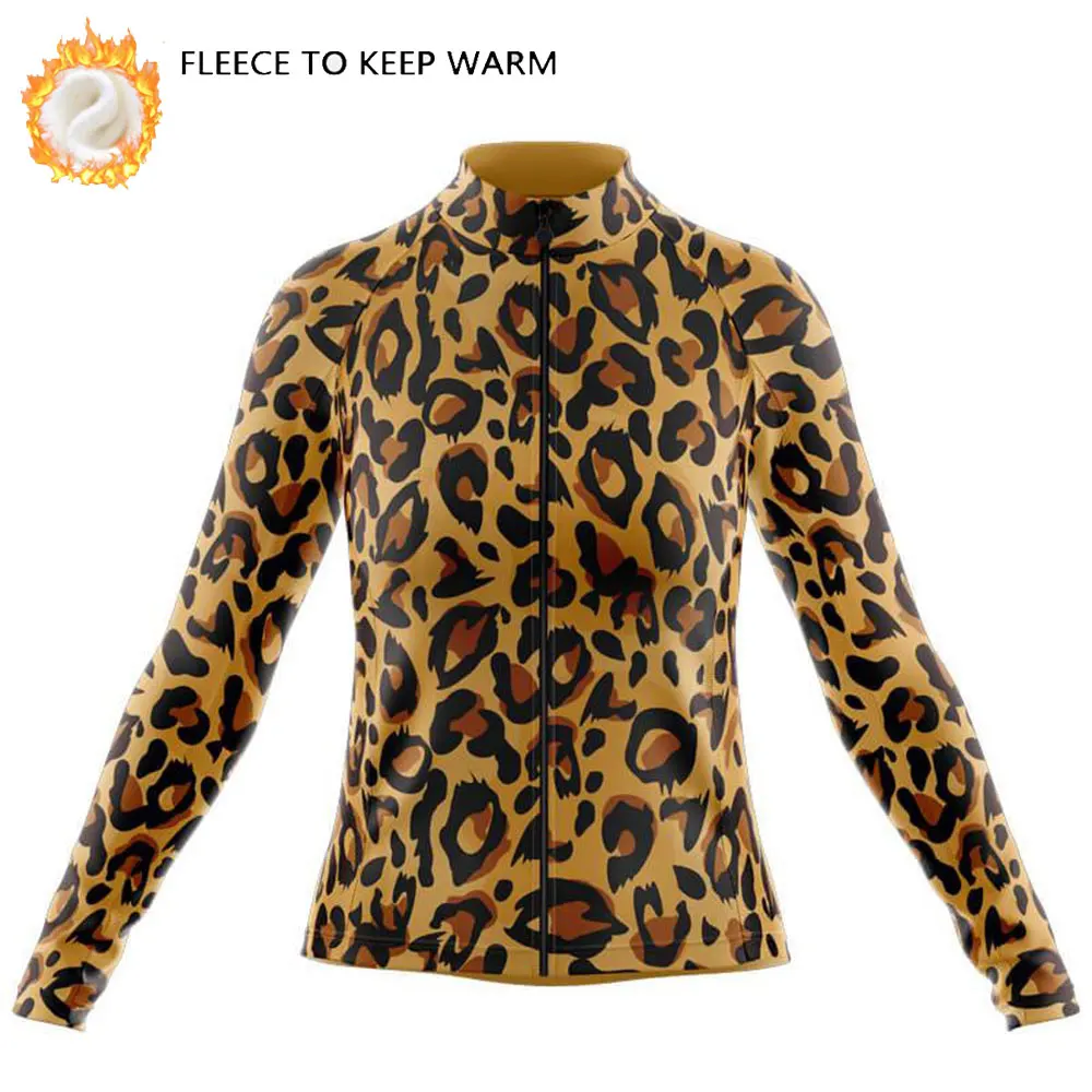 Woman's Winter Cycling Jersey Winter Outdoor Road Bike Riding Warm Cycling Tops Leopard Print Fashion Long Sleeve Sportwear