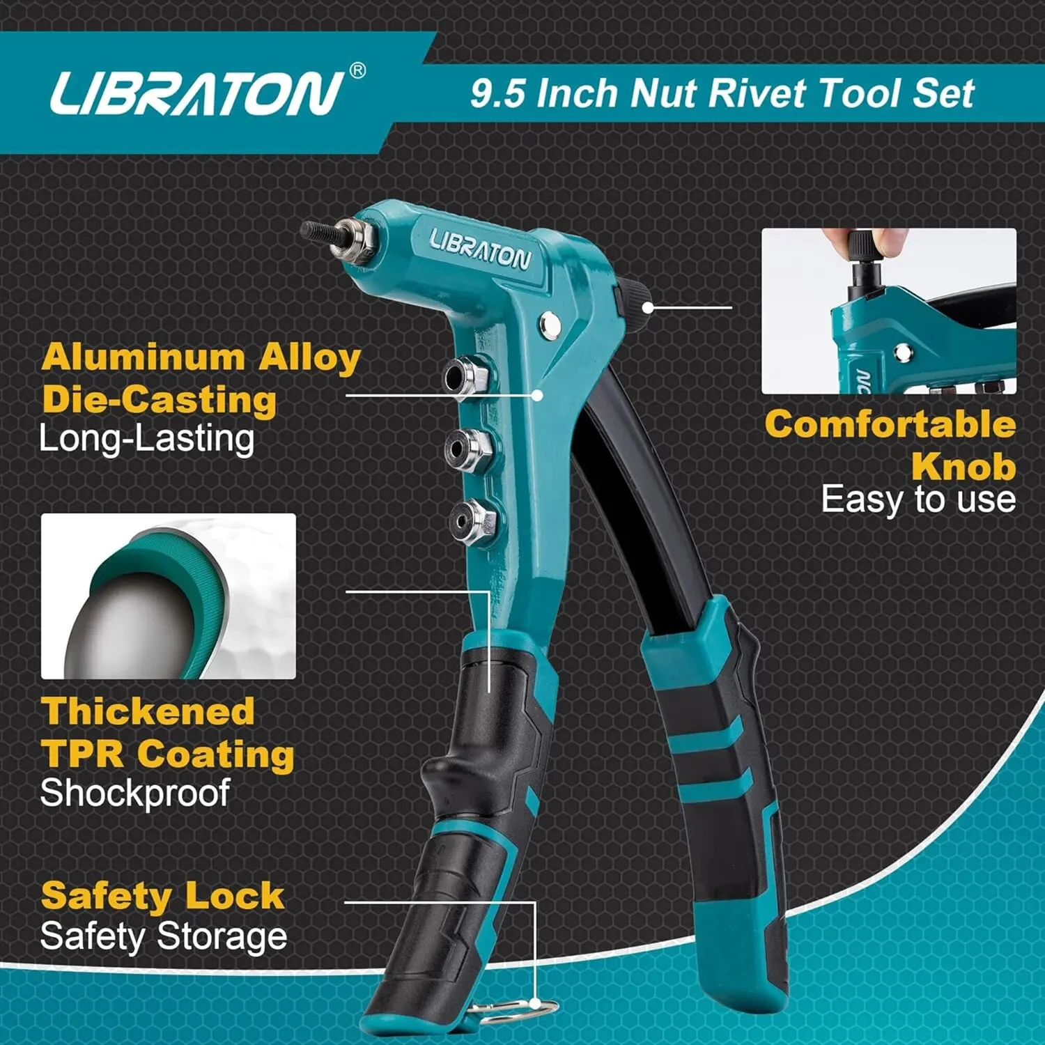 Rivet Nut Tool LIBRATON Rivet Nut Tool One-Handed Rivet Nut Gun Hand Setter with Threaded Nuts Metric Interchangeable Mandrels