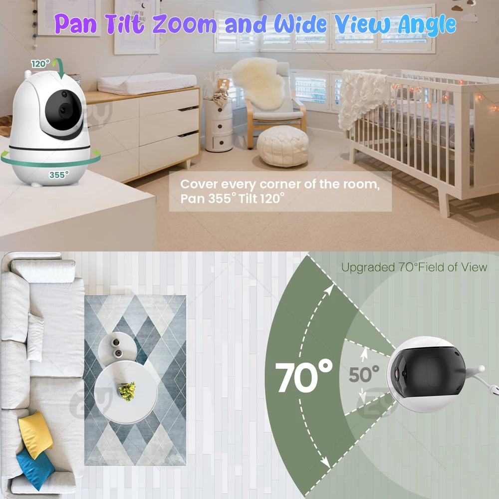 Monitor de vídeo para bebé, pantalla HD dividida de 7,0 pulgadas con 2 cámaras, Pan Tilt, Zoom 4X, Audio bidireccional, visión nocturna, sin WiFi, batería de 4000mAh