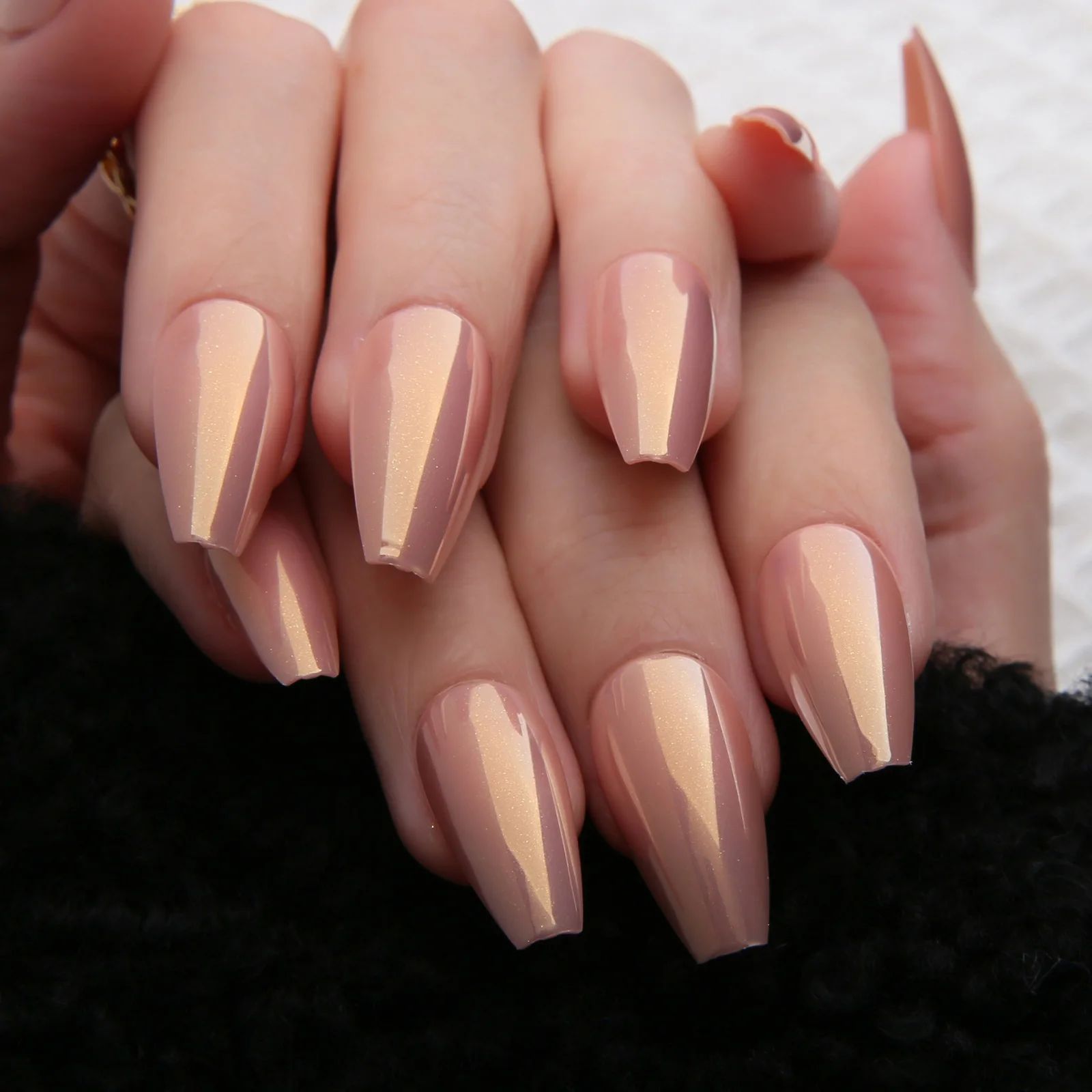 Nude Sparkle nails Manicure Medium Coffin Press On Nails Reuse Glossy Chrome Fake Nails Ballet Gel Solid  Acrylic Nail Art Tips