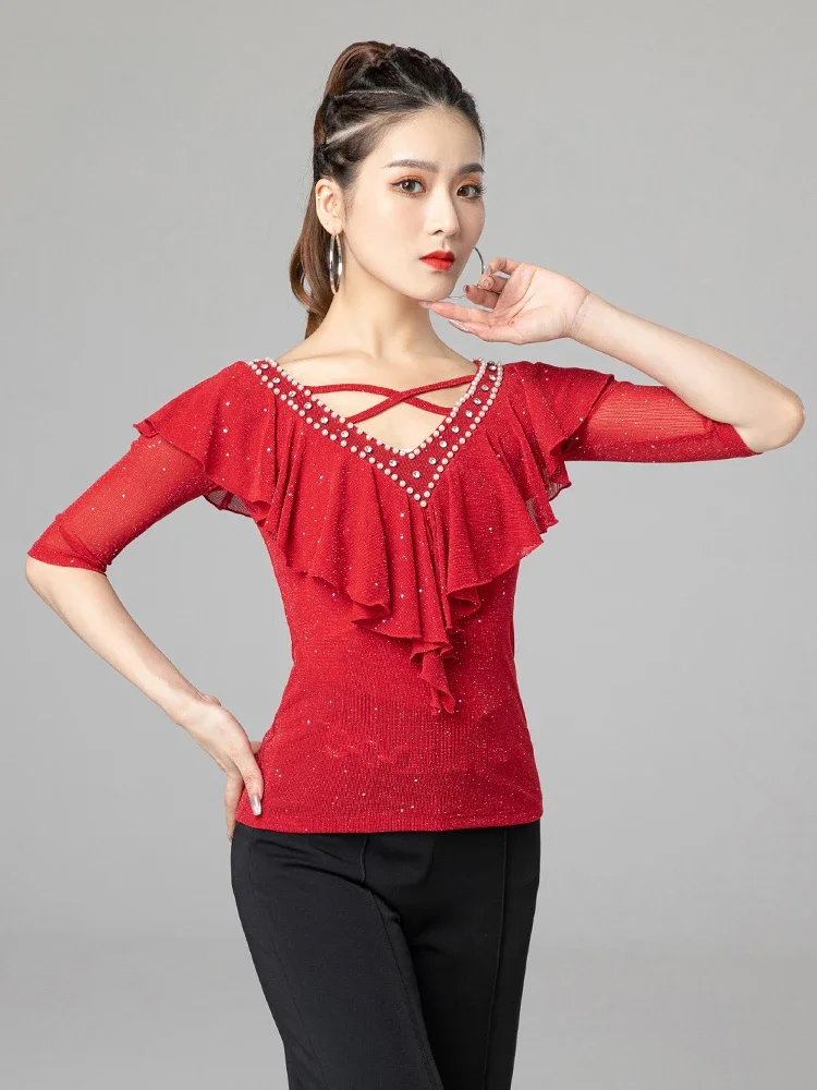 

X2202 Lady Modern Dancing Blouse Latin Dance Clothes Women Waltz Ballroom Dancing Shirt V-neck Lotus Leaf Top