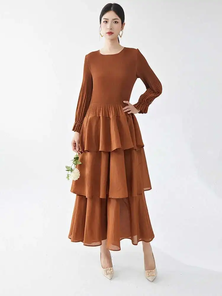 LANMREM Fashion Pleated Cake Dress Women's O-neck Long Sleeves Elastic Stretch Solid Color Dresses 2025 Spring New 2Z2393 - Image 3