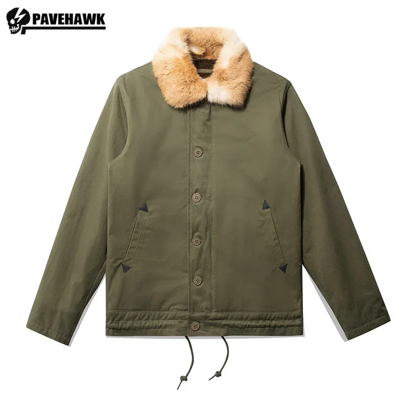 

Navy N-1 Deck Cotton Jacket Men Rabbit Fur Collar Warm Outdoor Camping Hunting Coat US Vintage Tactical Thickened Pilot Outwear