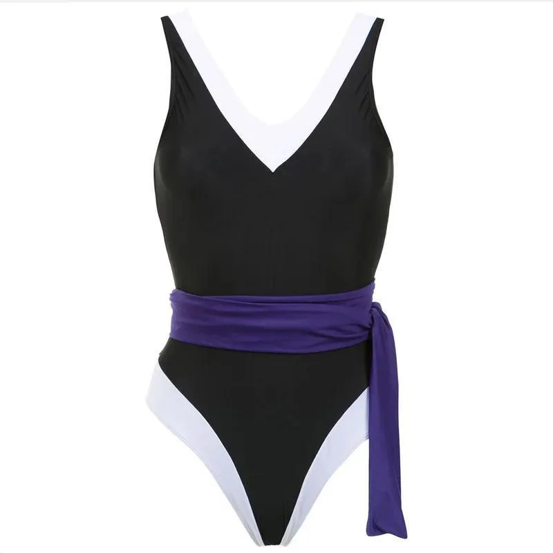 

V Neck One Piece Swimsuit with Skirt Womem Backless Swimwear with Blet Beachwear Female Bathing Suit Cover Up Pareo