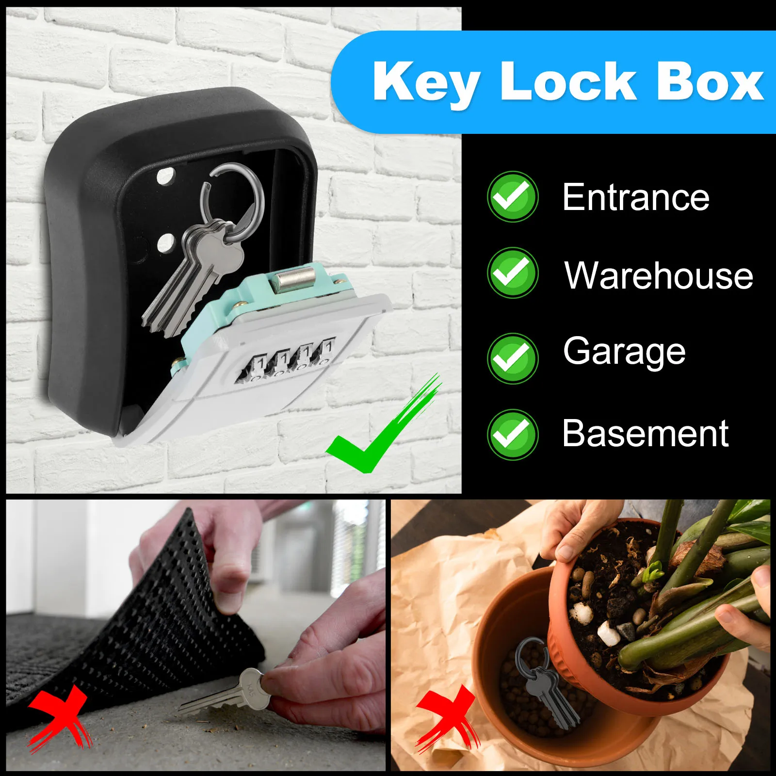 Aluminum Waterproof Key Lock Box Wall Mounted 4 Digit Combination