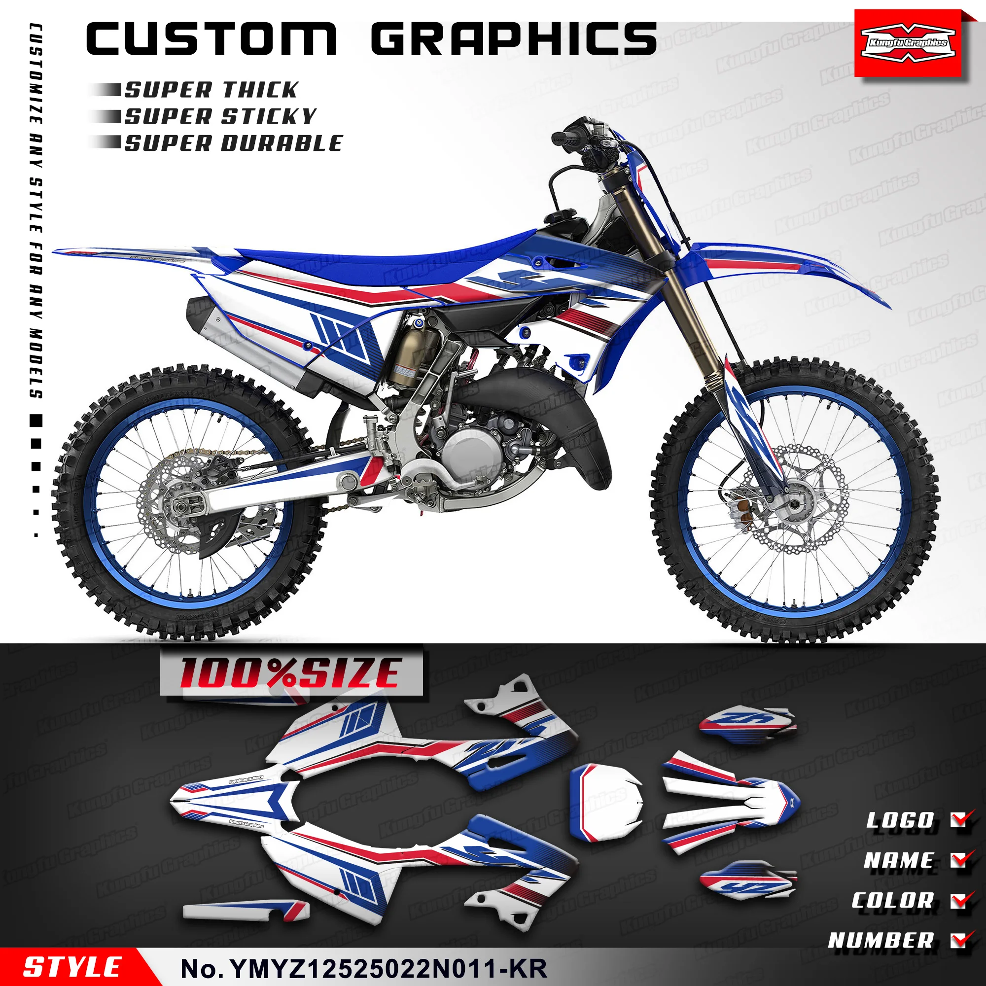 

KUNGFU, графическая клейкая наклейка, комплект для дизайна Yamaha YZ125 YZ 125 250 YZ125X YZ250X 2022 2023 2024, YMYZ12525022N011-KR