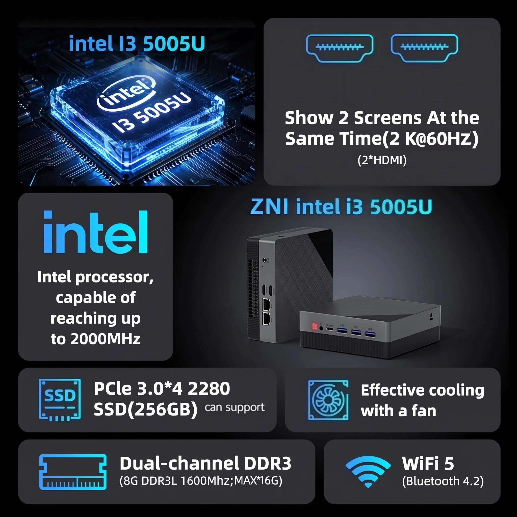 Texhoo MINI PC Intel Core I3 5005U 5th Gen CPU 8G RAM 128G SSD NVMe*2 HDMI*2 Dual LAN 15W Soft Router Signage Office Computer