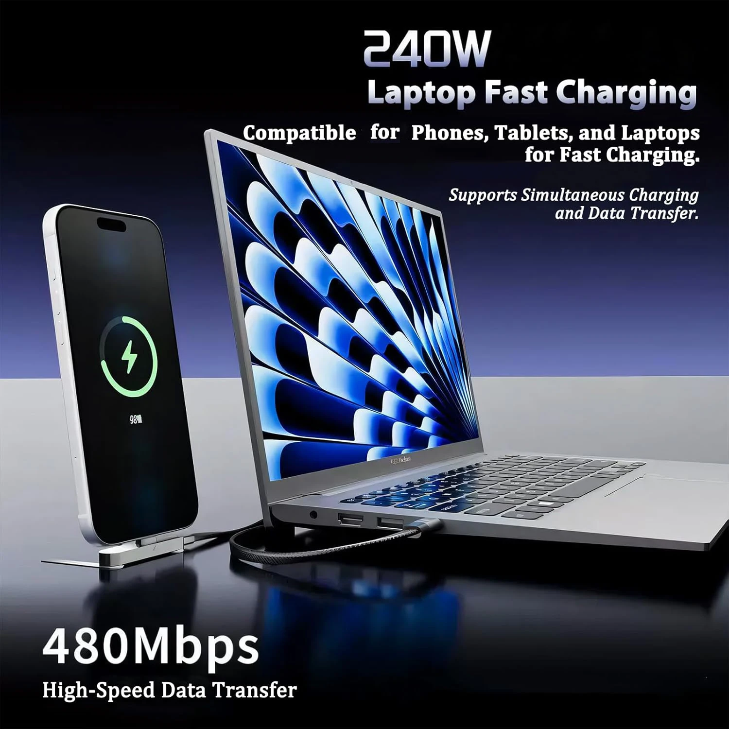 2-in-1 Type C Charger Cord & Phone Stand Invisible 90°Ellow Holder Charger Cable 240W High-speed Quick Charging Data Line 4