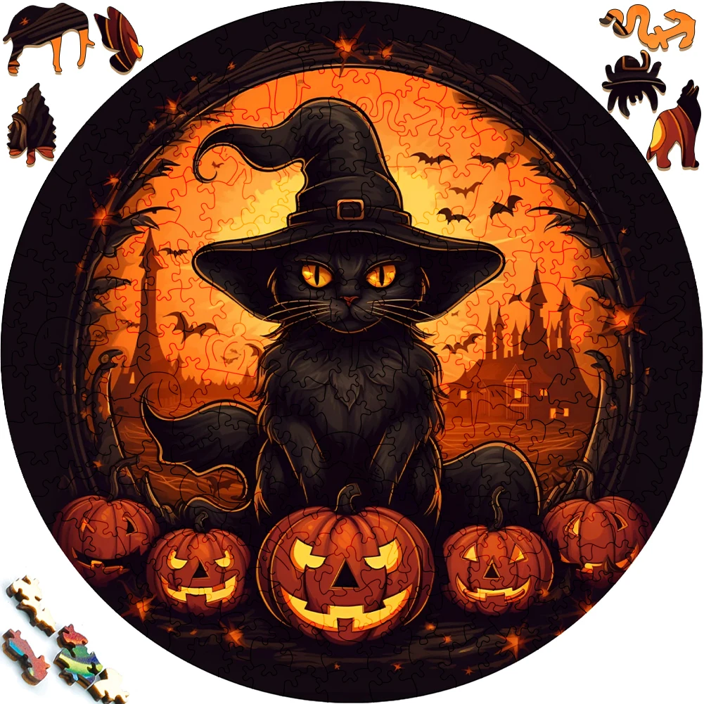 Mysterious Black Cat Wooden Puzzle For Adults Wooden Crafts Colorful And Round Shaped Animal Puzzle Wood Craft Toys For Family animal wooden jigsaw puzzles christmas pink cat family collection wood puzzle unique popular interesting puzzle for kids gift