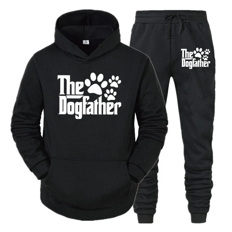 thumbnail image 1 of Sudadera con capucha y pantalón de manga larga con estampado divertido de pata de perro para hombre, conjunto de 2 piezas para amantes de los perros "The Dogfather", 1 of 4