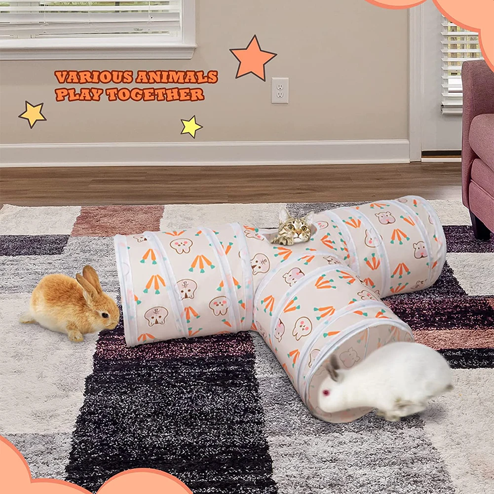 T-shaped Tunnels Tubes Three-channel Foldable Bunny Hideout Pet Supplies Small Animal Tunnel Toys For Rabbits Bunny Guinea Pigs small pet tunnel hamster cage tunnel hamster toy maze